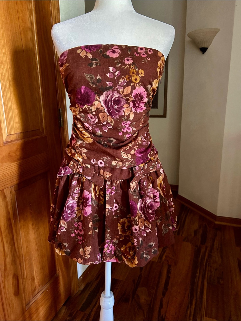 Jessica Simpson Brown Floral Strapless Mini Dress with Pink Accents